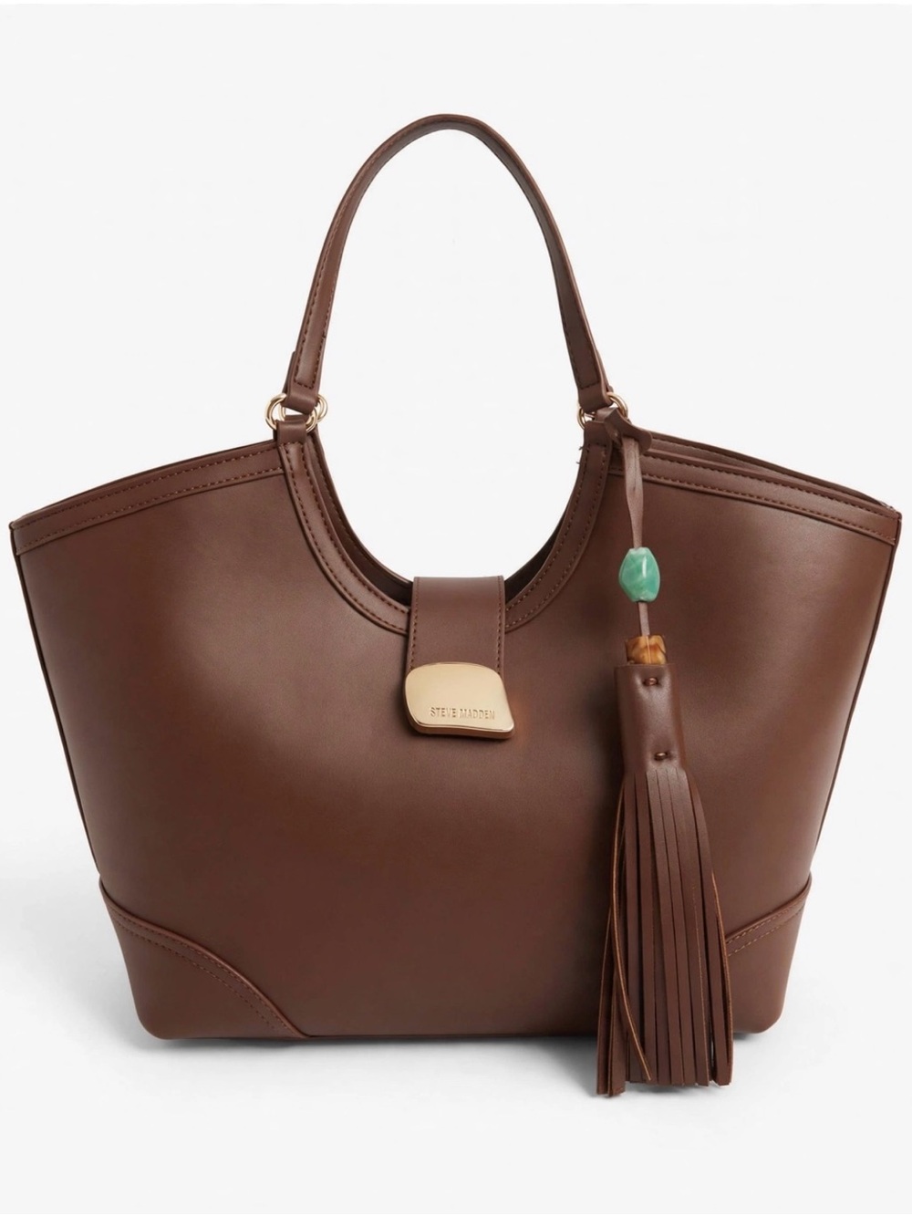 Steve Madden Chocolate Brown Leather Tote with Tassel Charm